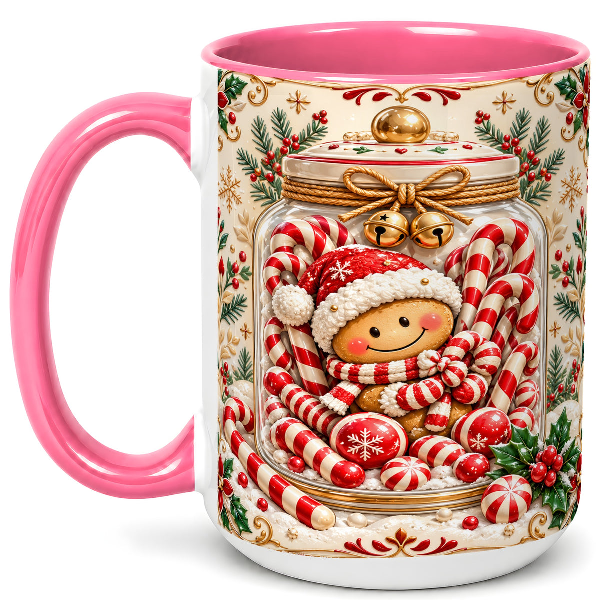 #pl[15oz|Pink] Gingerbread Candy Jar Coffee Mug, Christmas Mug, Ceramic Cup