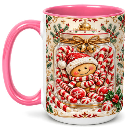 #pl[15oz|Pink] Gingerbread Candy Jar Coffee Mug, Christmas Mug, Ceramic Cup