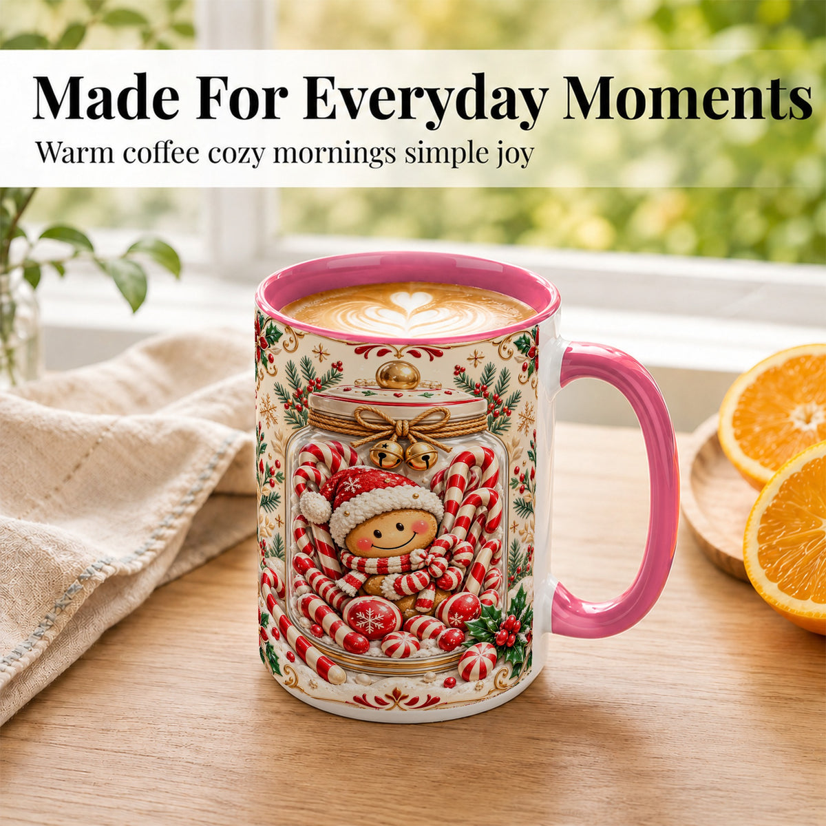 #pl[15oz|Pink] Gingerbread Candy Jar Coffee Mug, Christmas Mug, Ceramic Cup