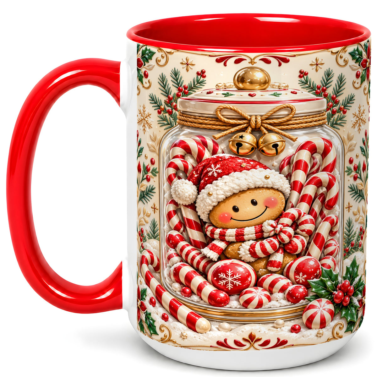 #pl[15oz|Red] Gingerbread Candy Jar Coffee Mug, Christmas Mug, Ceramic Cup