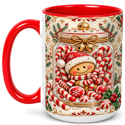 #pl[15oz|Red] Gingerbread Candy Jar Coffee Mug, Christmas Mug, Ceramic Cup