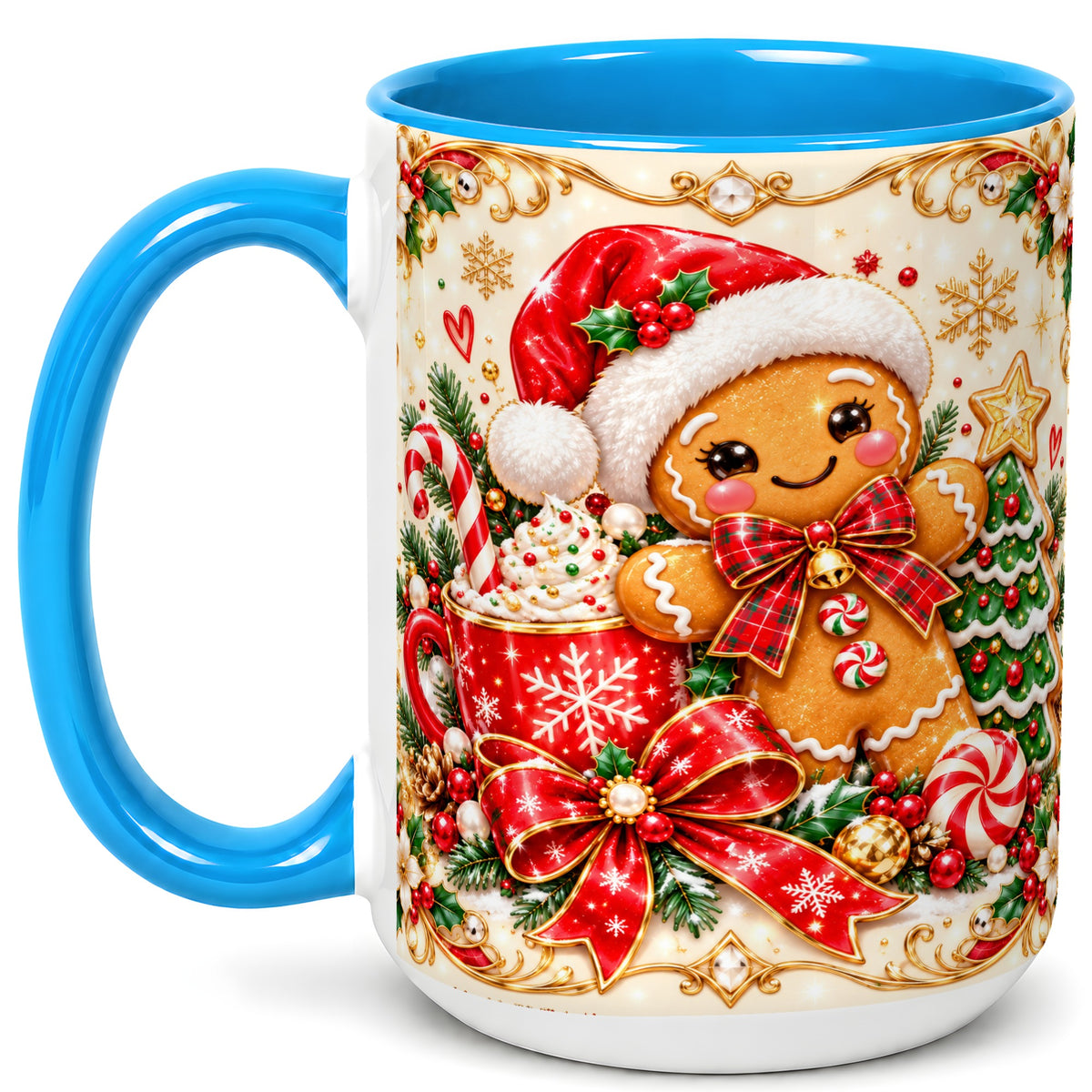 #pl[15oz|Blue] Gingerbread Girl Coffee Mug, Christmas Mug, Ceramic Cup
