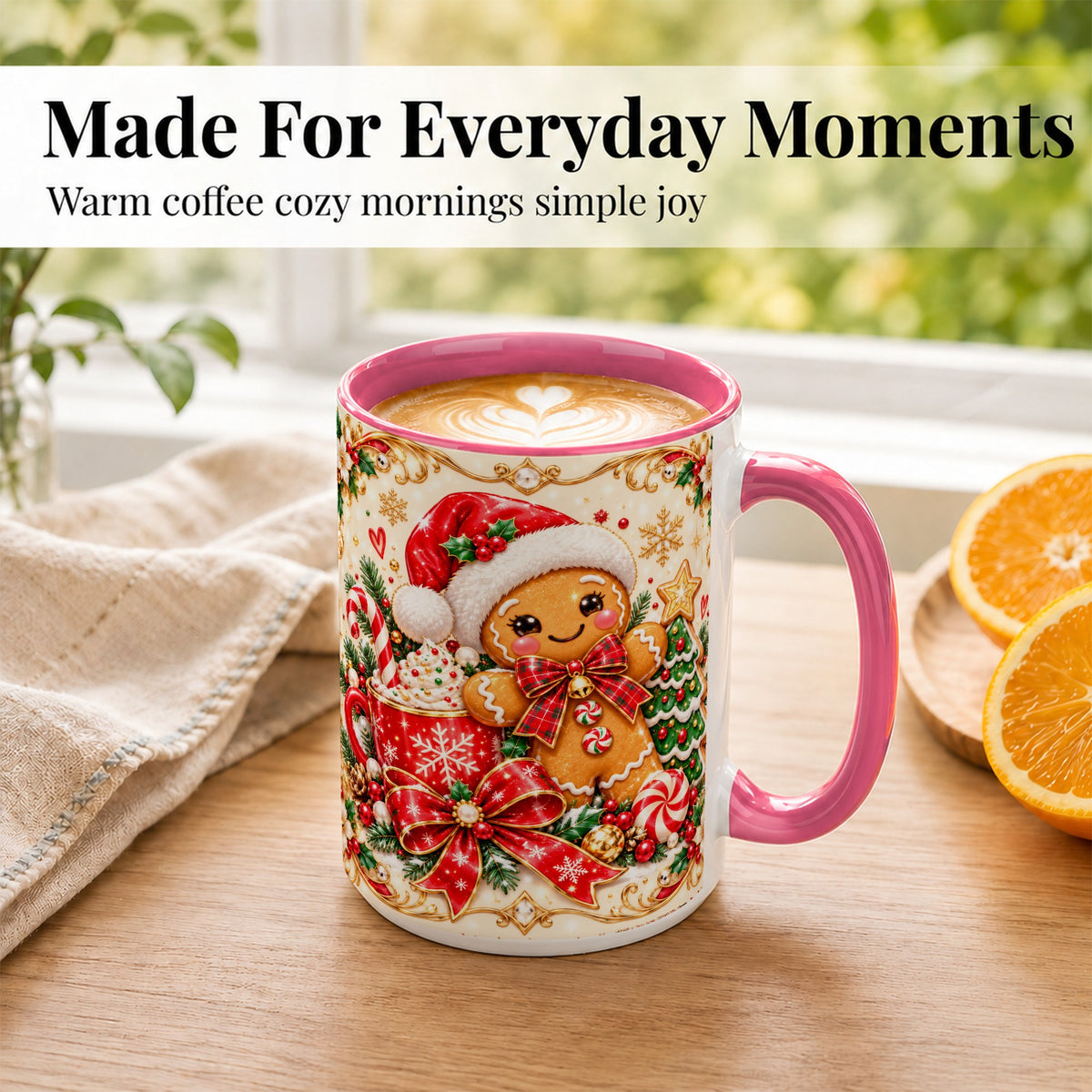 #pl[15oz|Pink] Gingerbread Girl Coffee Mug, Christmas Mug, Ceramic Cup
