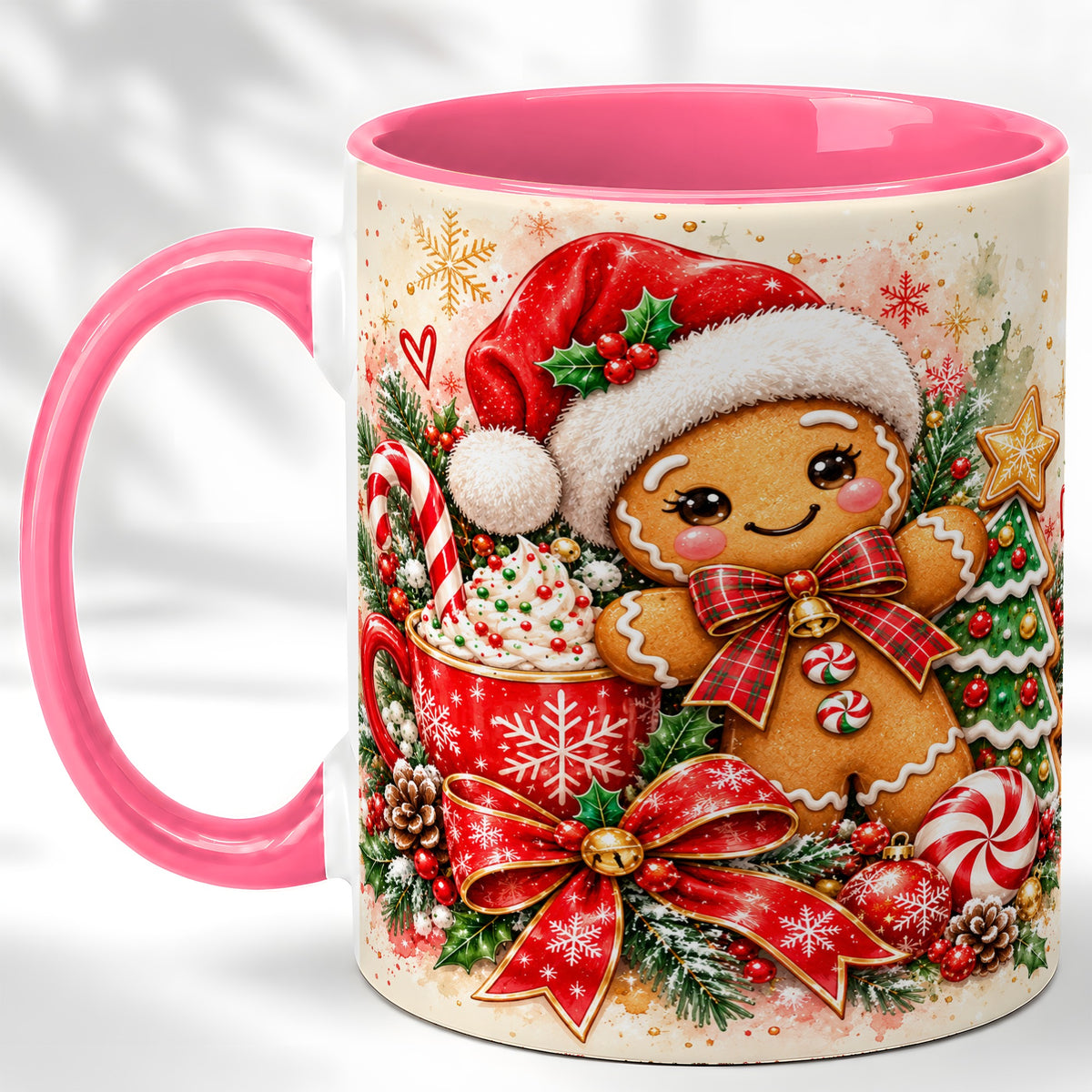 #pl[11oz|Pink] Gingerbread Christmas Coffee Mug, Holiday Cookie Mug, Ceramic Cup