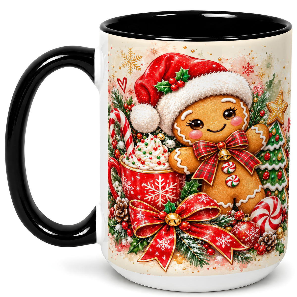 #pl[15oz|Black] Gingerbread Christmas Coffee Mug, Holiday Cookie Mug, Ceramic Cup