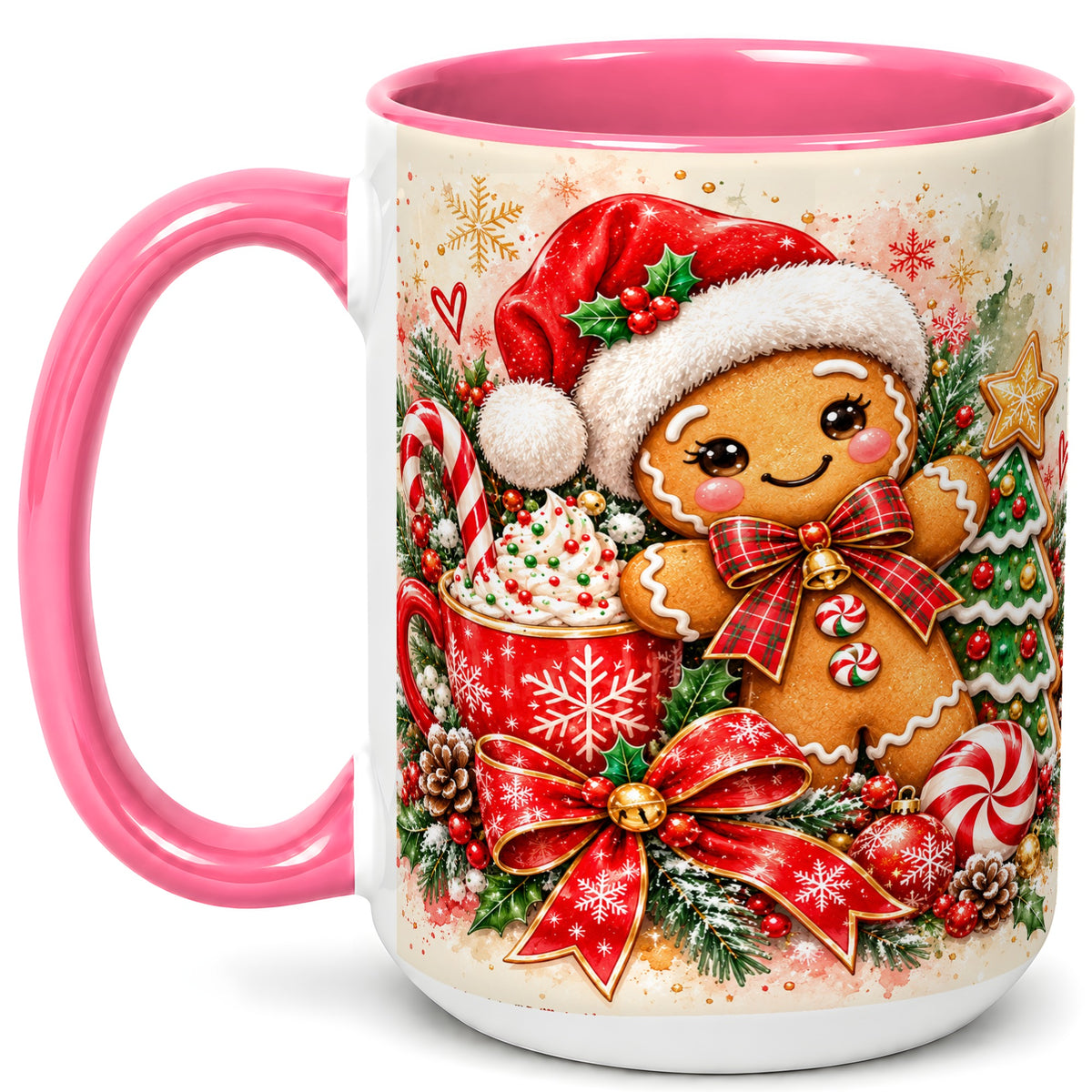 #pl[15oz|Pink] Gingerbread Christmas Coffee Mug, Holiday Cookie Mug, Ceramic Cup