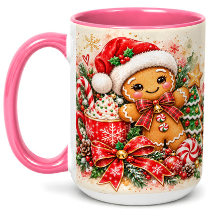 #pl[15oz|Pink] Gingerbread Christmas Coffee Mug, Holiday Cookie Mug, Ceramic Cup