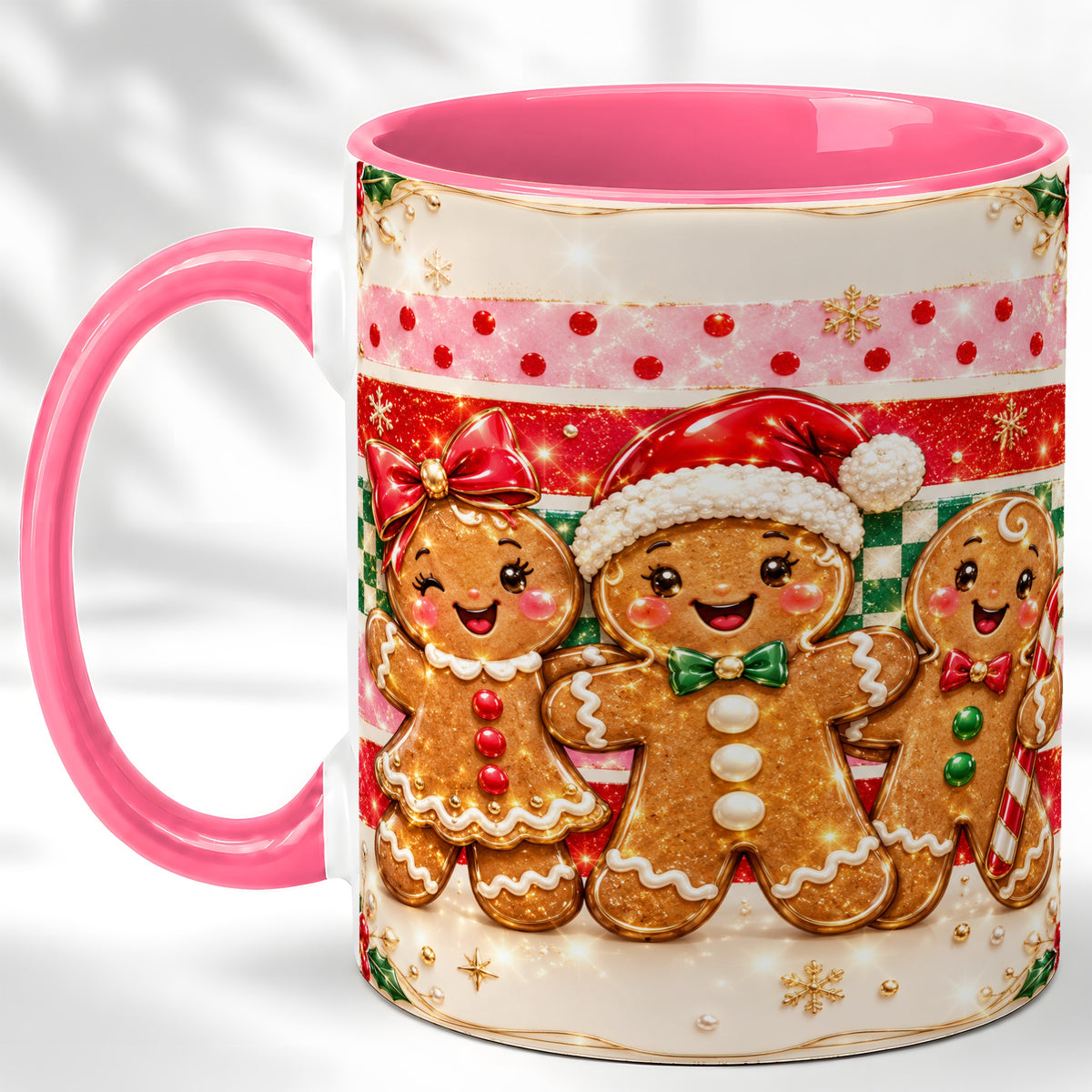 #pl[11oz|Pink] Gingerbread Family Coffee Mug, Christmas Cookie Mug, Ceramic Cup