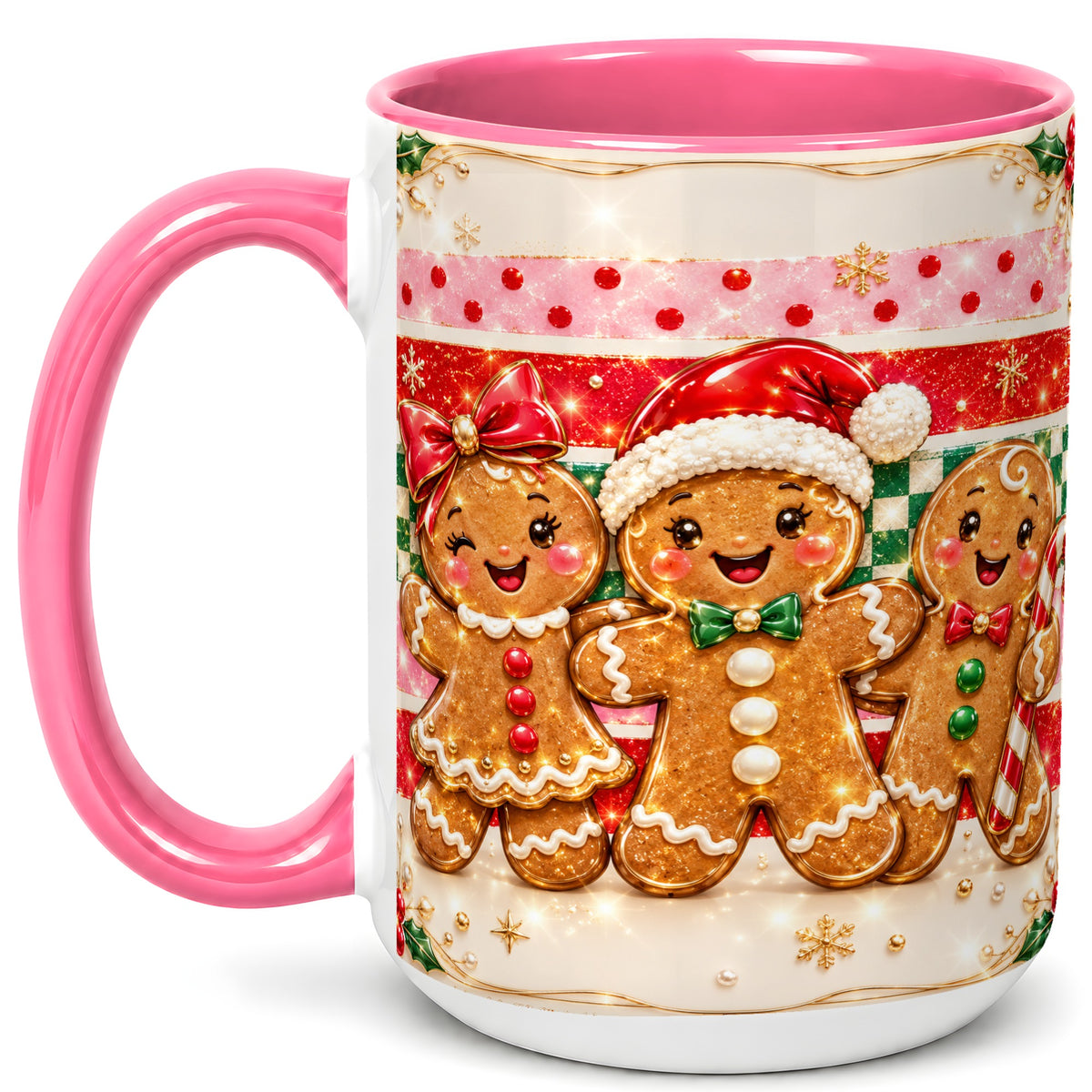 #pl[15oz|Pink] Gingerbread Family Coffee Mug, Christmas Cookie Mug, Ceramic Cup