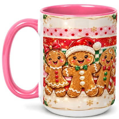 #pl[15oz|Pink] Gingerbread Family Coffee Mug, Christmas Cookie Mug, Ceramic Cup