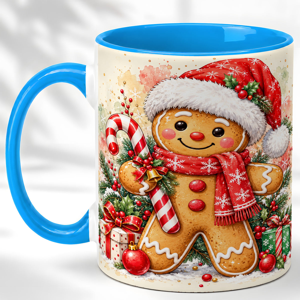 #pl[11oz|Blue] Gingerbread Christmas Coffee Mug, Candy Cane Mug, Ceramic Cup