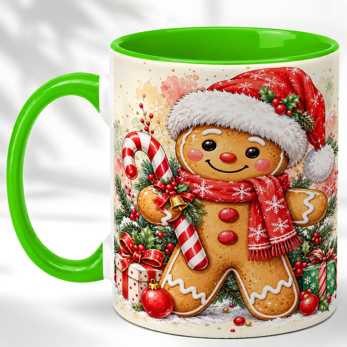 #pl[11oz|Green] Gingerbread Christmas Coffee Mug, Candy Cane Mug, Ceramic Cup