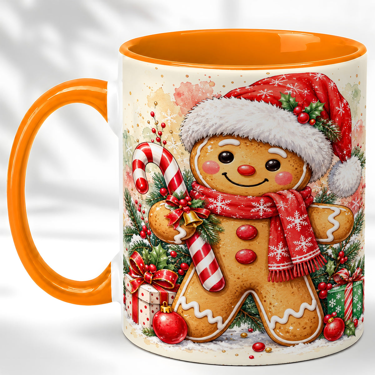 #pl[11oz|Orange] Gingerbread Christmas Coffee Mug, Candy Cane Mug, Ceramic Cup