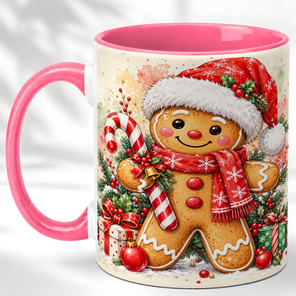 #pl[11oz|Pink] Gingerbread Christmas Coffee Mug, Candy Cane Mug, Ceramic Cup