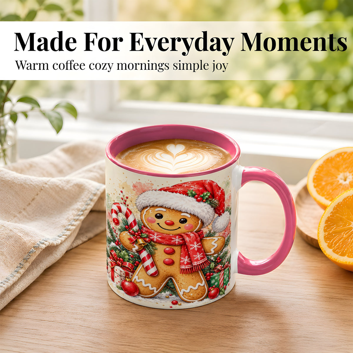 #pl[11oz|Pink] Gingerbread Christmas Coffee Mug, Candy Cane Mug, Ceramic Cup