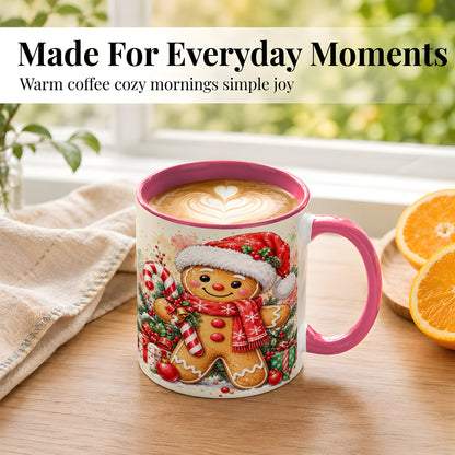 #pl[11oz|Pink] Gingerbread Christmas Coffee Mug, Candy Cane Mug, Ceramic Cup
