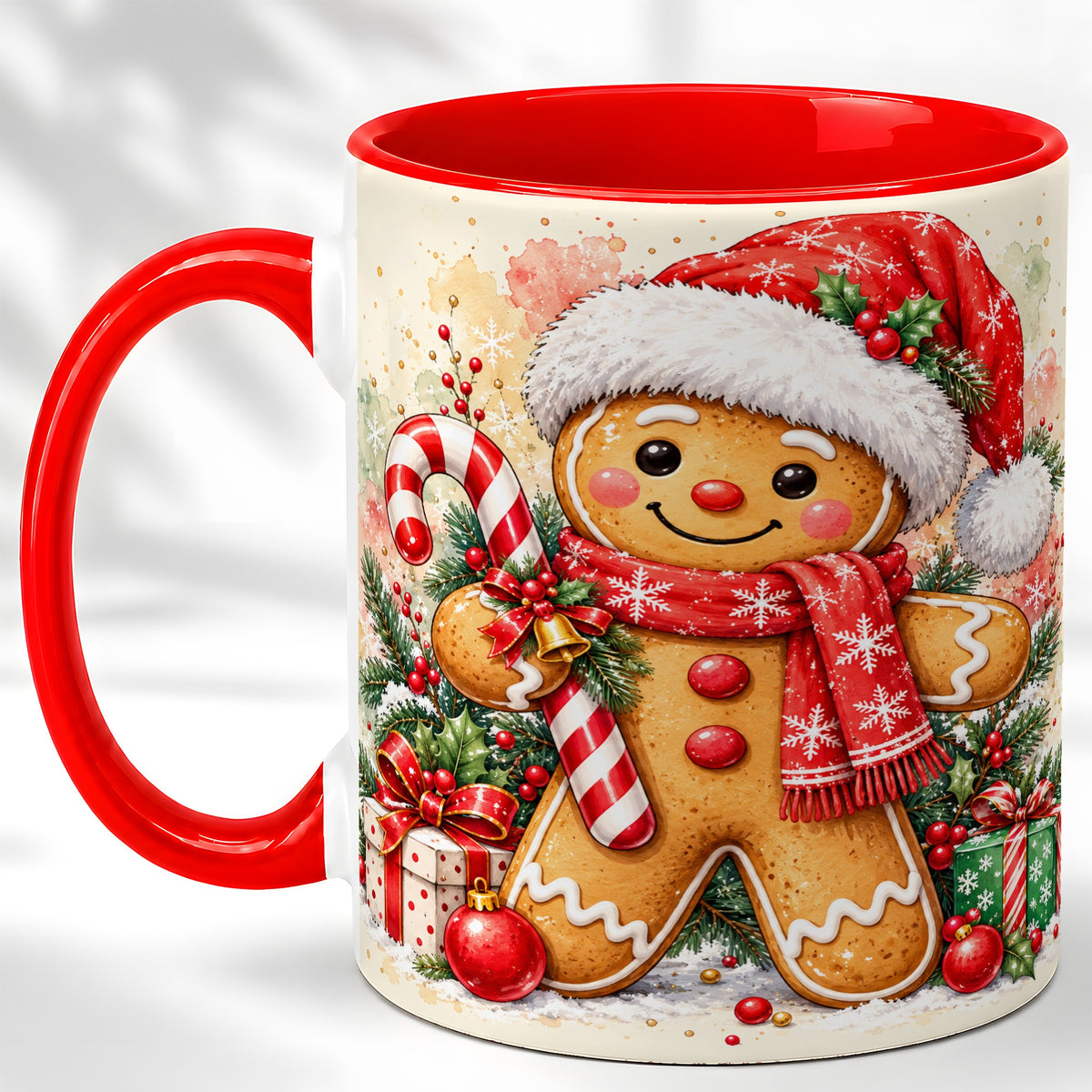 Gingerbread Christmas Coffee Mug, Candy Cane Mug, Ceramic Cup