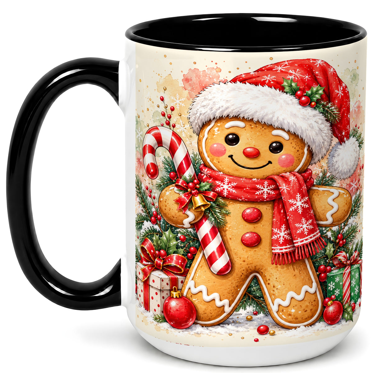 #pl[15oz|Black] Gingerbread Christmas Coffee Mug, Candy Cane Mug, Ceramic Cup