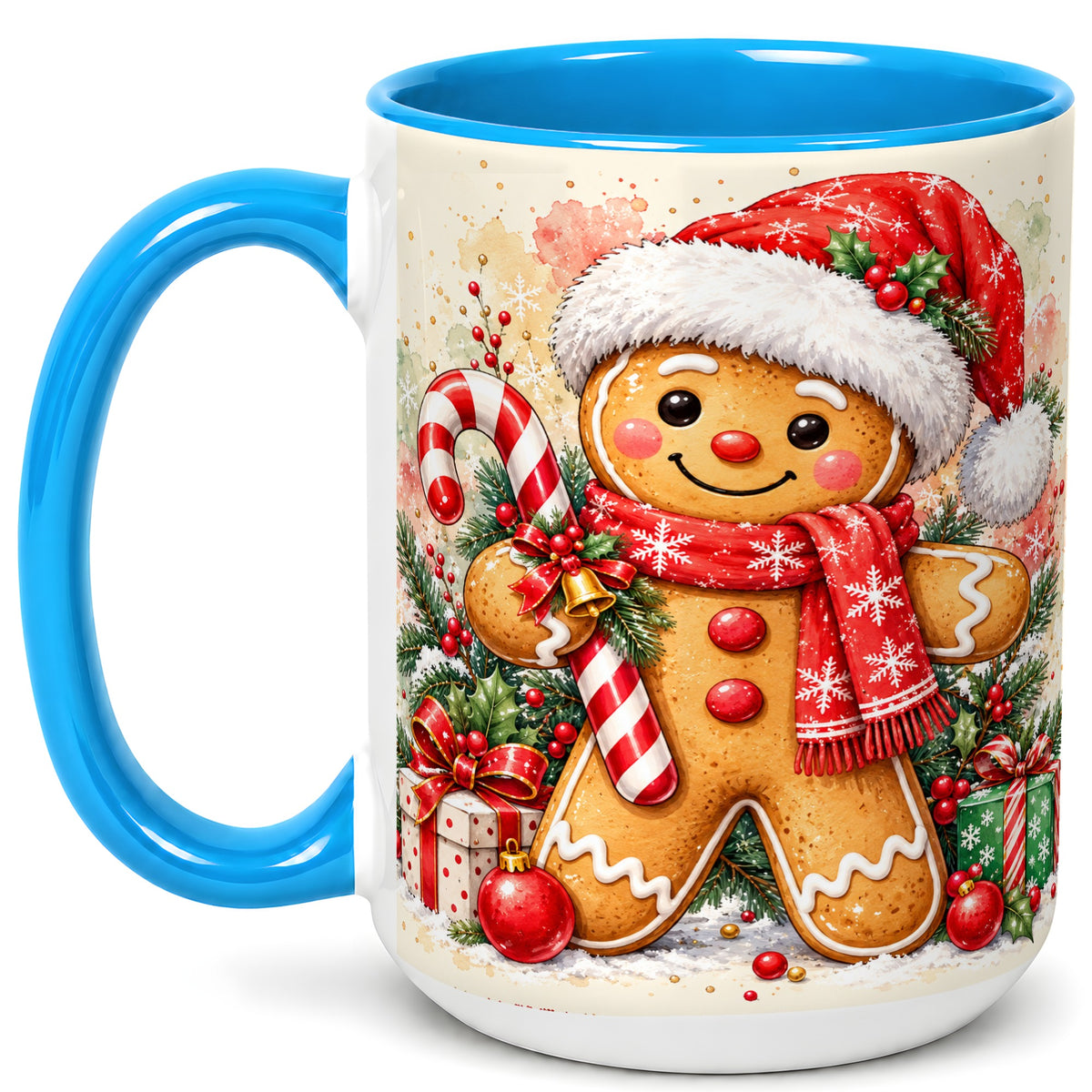 #pl[15oz|Blue] Gingerbread Christmas Coffee Mug, Candy Cane Mug, Ceramic Cup