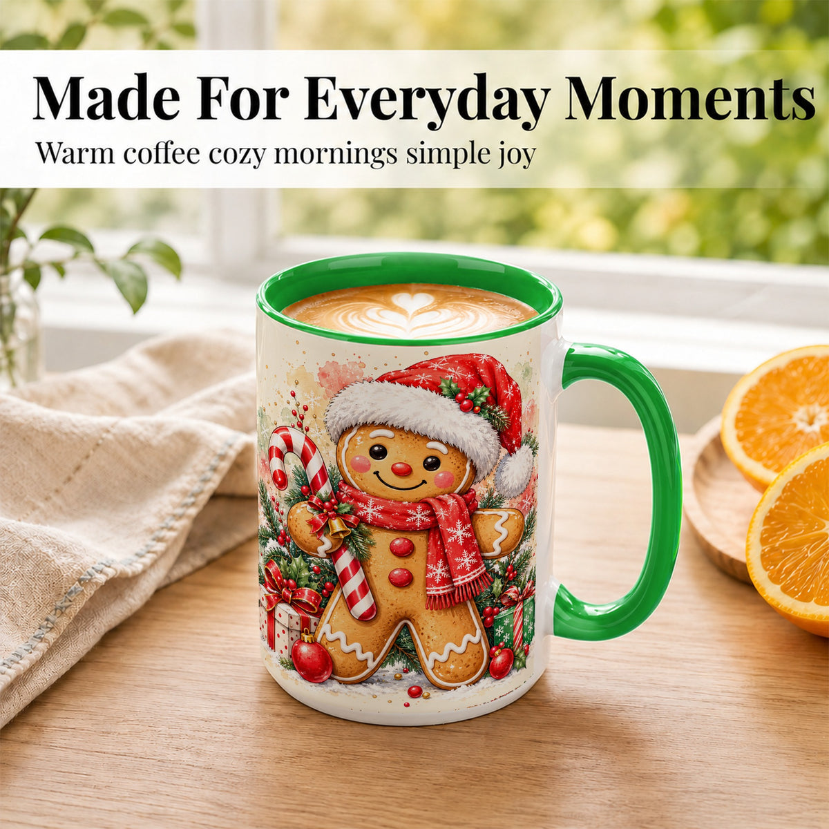 #pl[15oz|Green] Gingerbread Christmas Coffee Mug, Candy Cane Mug, Ceramic Cup