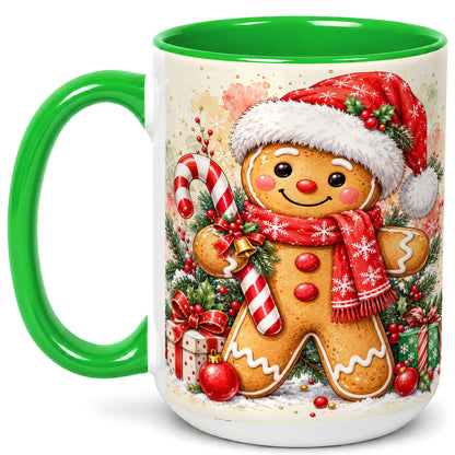 #pl[15oz|Green] Gingerbread Christmas Coffee Mug, Candy Cane Mug, Ceramic Cup