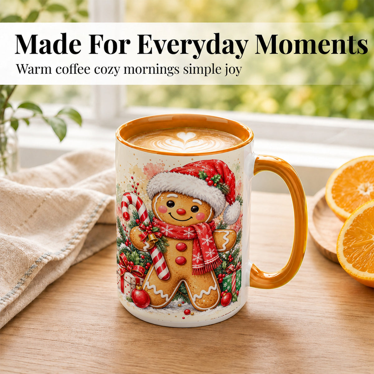 #pl[15oz|Orange] Gingerbread Christmas Coffee Mug, Candy Cane Mug, Ceramic Cup