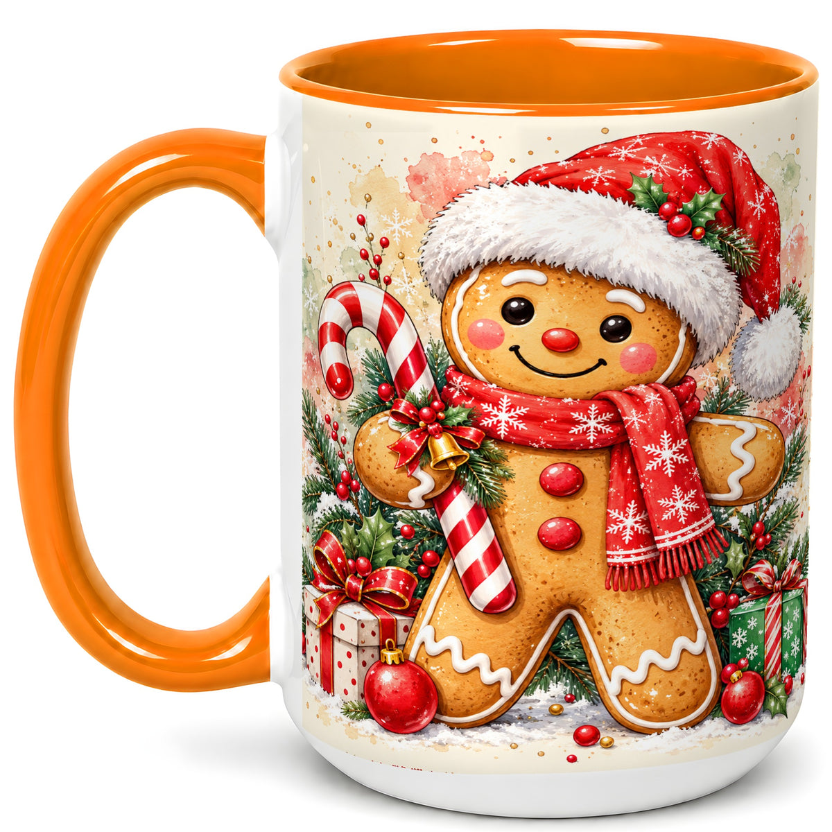 #pl[15oz|Orange] Gingerbread Christmas Coffee Mug, Candy Cane Mug, Ceramic Cup