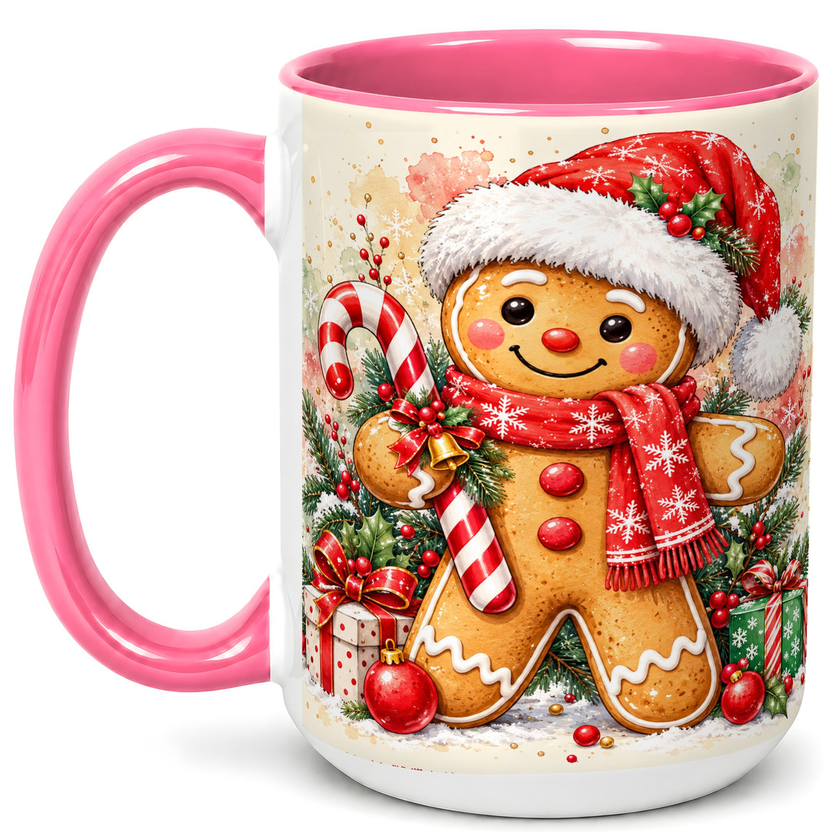 #pl[15oz|Pink] Gingerbread Christmas Coffee Mug, Candy Cane Mug, Ceramic Cup