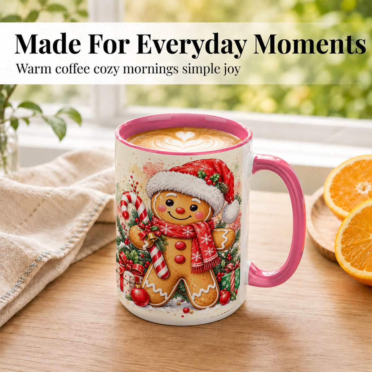 #pl[15oz|Pink] Gingerbread Christmas Coffee Mug, Candy Cane Mug, Ceramic Cup