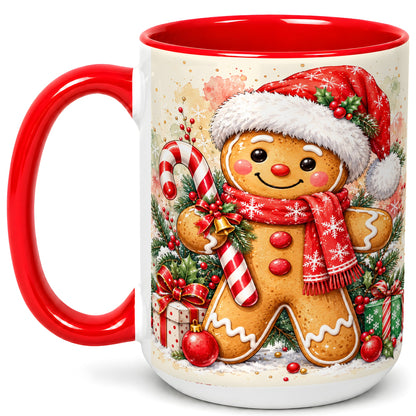 #pl[15oz|Red] Gingerbread Christmas Coffee Mug, Candy Cane Mug, Ceramic Cup
