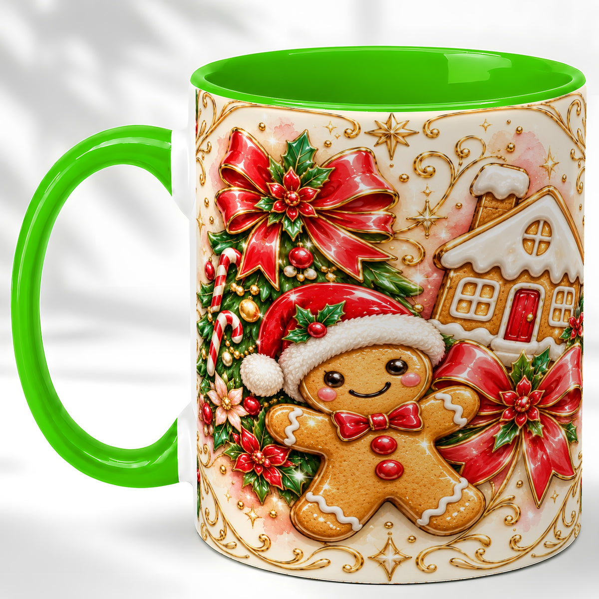 #pl[11oz|Green] Gingerbread Christmas Coffee Mug, Holiday Gingerbread Mug, Ceramic Cup