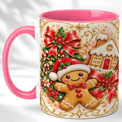 #pl[11oz|Pink] Gingerbread Christmas Coffee Mug, Holiday Gingerbread Mug, Ceramic Cup