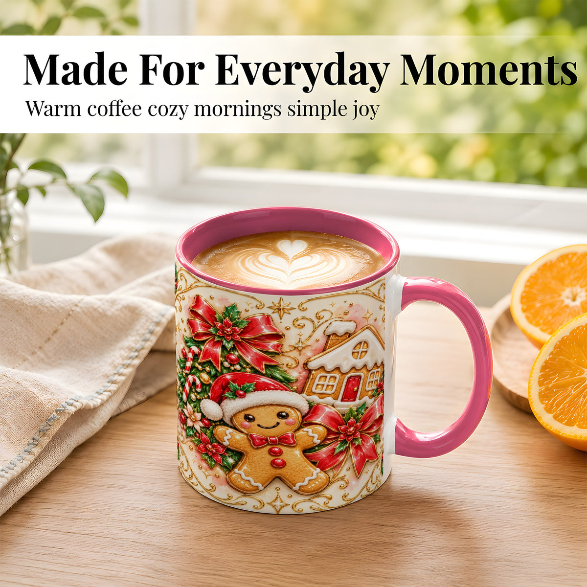 #pl[11oz|Pink] Gingerbread Christmas Coffee Mug, Holiday Gingerbread Mug, Ceramic Cup