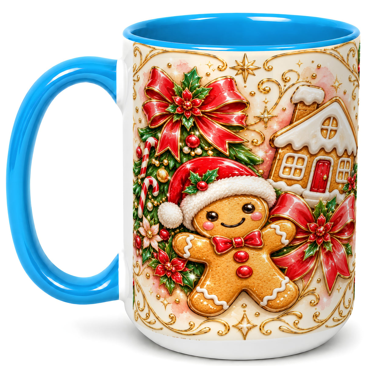 #pl[15oz|Blue] Gingerbread Christmas Coffee Mug, Holiday Gingerbread Mug, Ceramic Cup