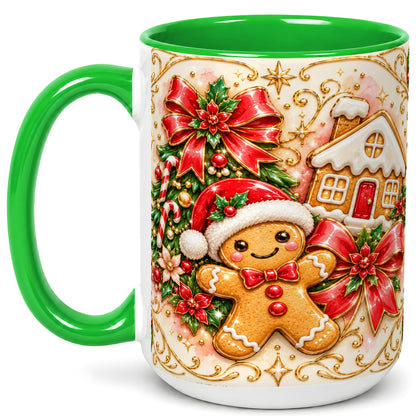 #pl[15oz|Green] Gingerbread Christmas Coffee Mug, Holiday Gingerbread Mug, Ceramic Cup