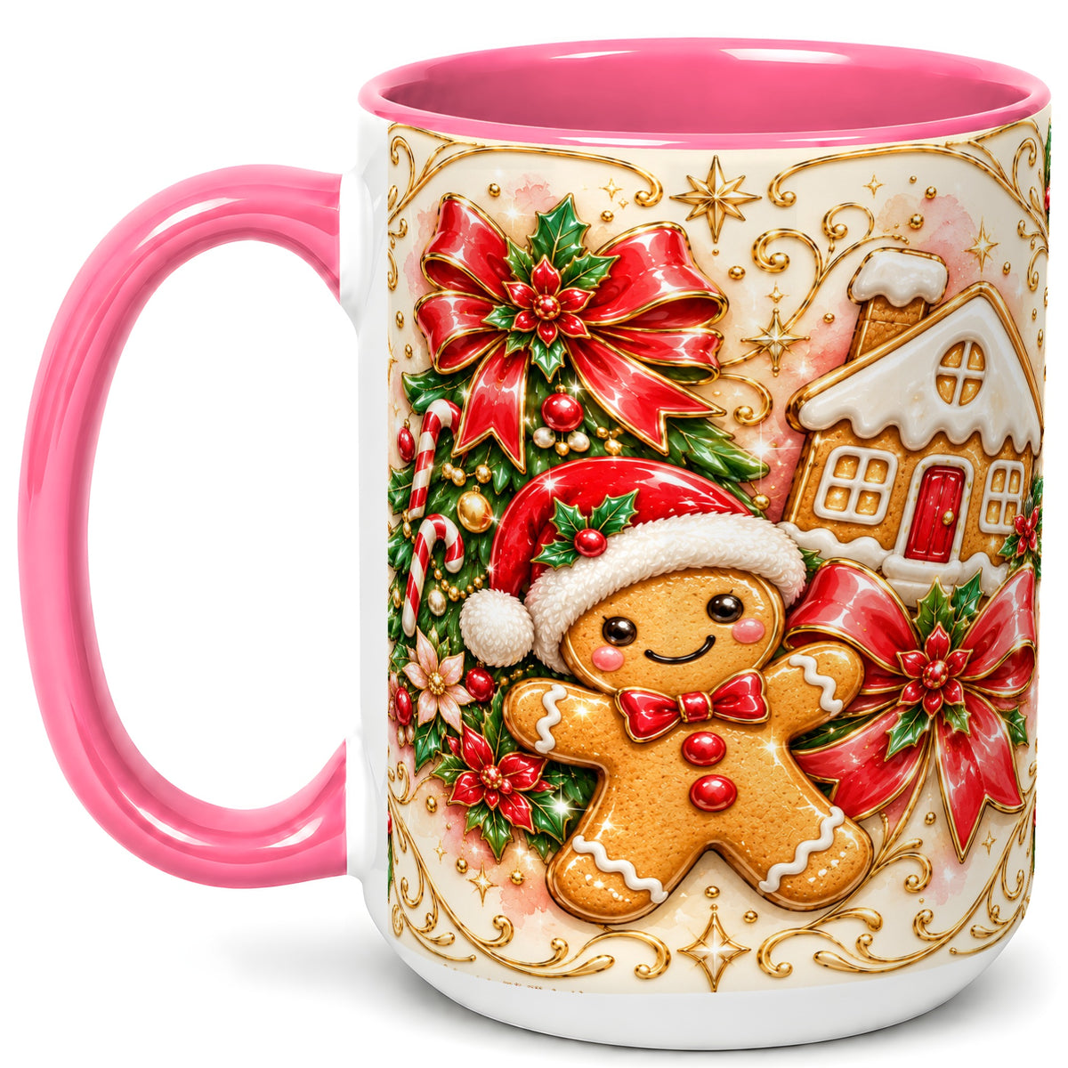#pl[15oz|Pink] Gingerbread Christmas Coffee Mug, Holiday Gingerbread Mug, Ceramic Cup