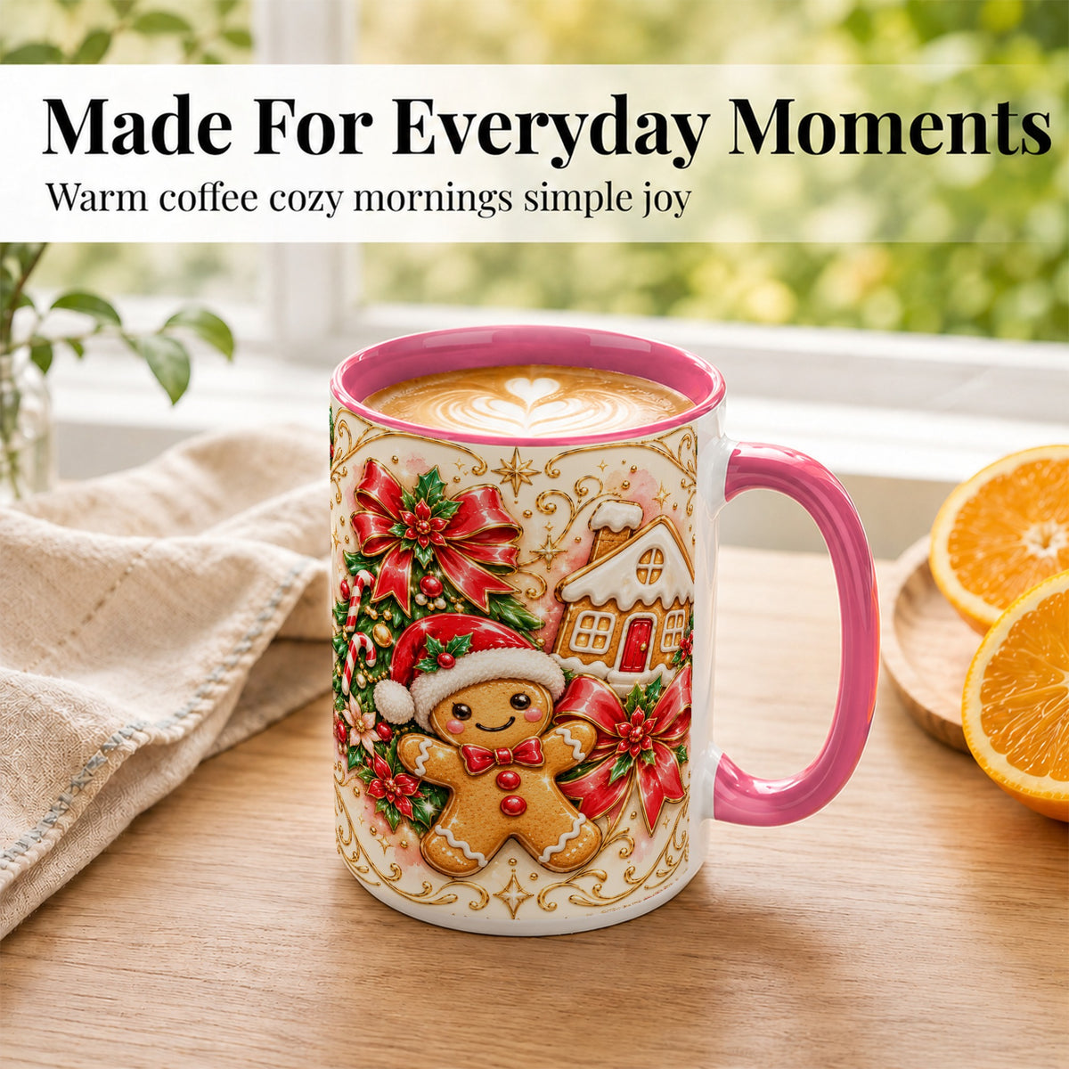 #pl[15oz|Pink] Gingerbread Christmas Coffee Mug, Holiday Gingerbread Mug, Ceramic Cup