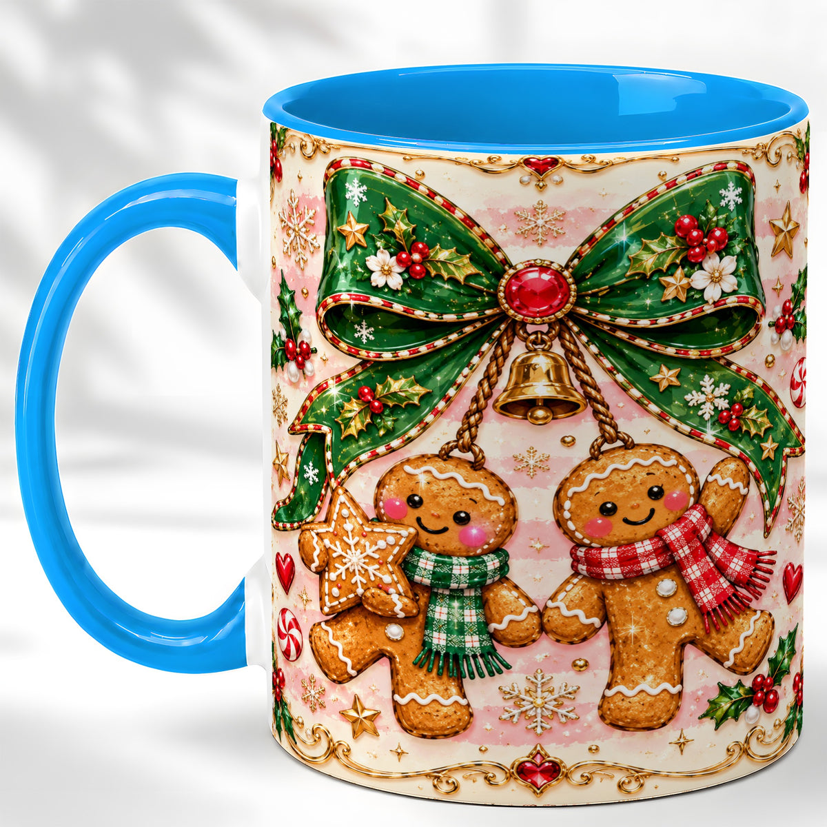 #pl[11oz|Blue] Gingerbread Couple Coffee Mug, Christmas Gingerbread Mug, Ceramic Cup