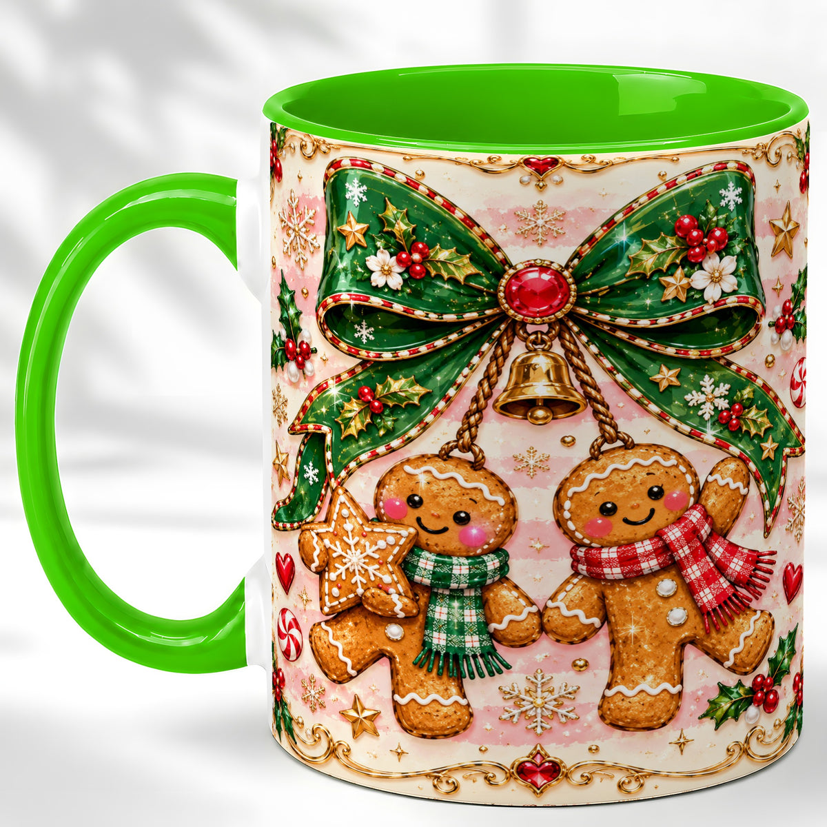 #pl[11oz|Green] Gingerbread Couple Coffee Mug, Christmas Gingerbread Mug, Ceramic Cup