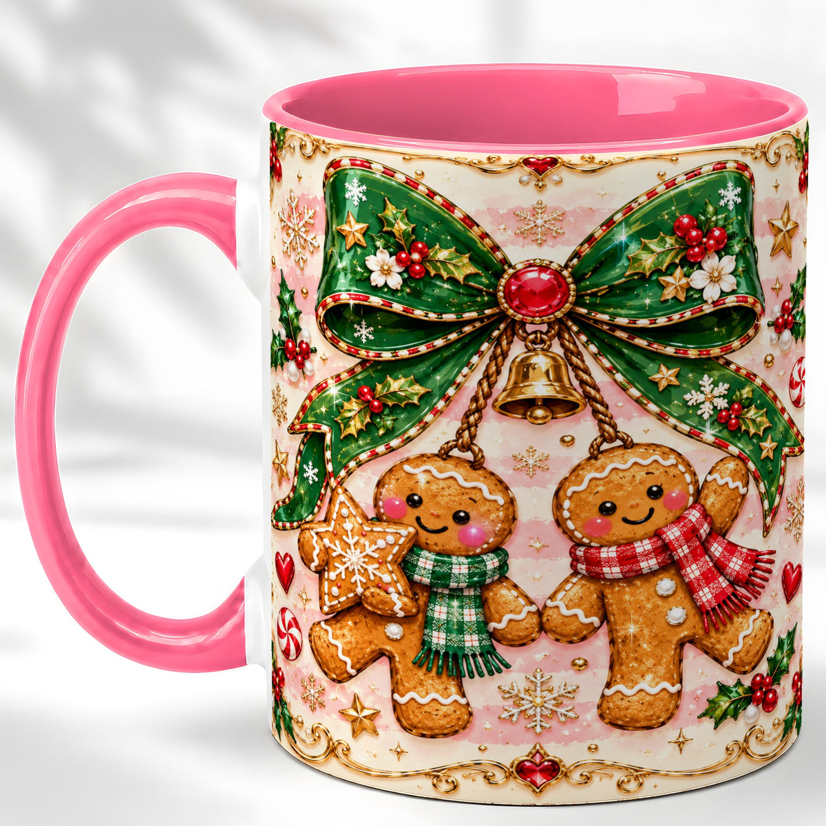 #pl[11oz|Pink] Gingerbread Couple Coffee Mug, Christmas Gingerbread Mug, Ceramic Cup