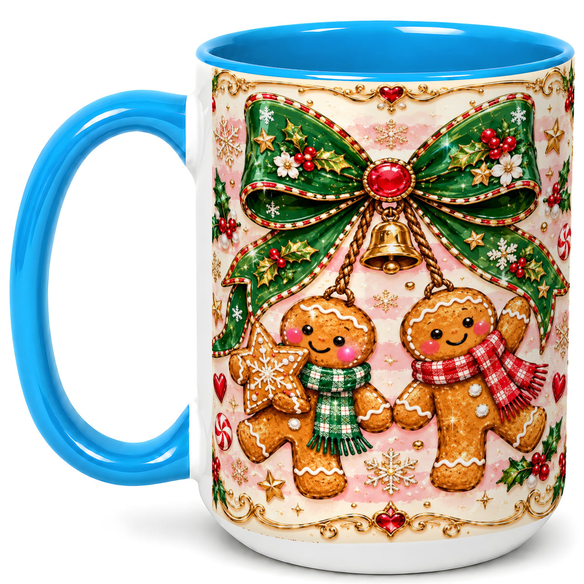 #pl[15oz|Blue] Gingerbread Couple Coffee Mug, Christmas Gingerbread Mug, Ceramic Cup