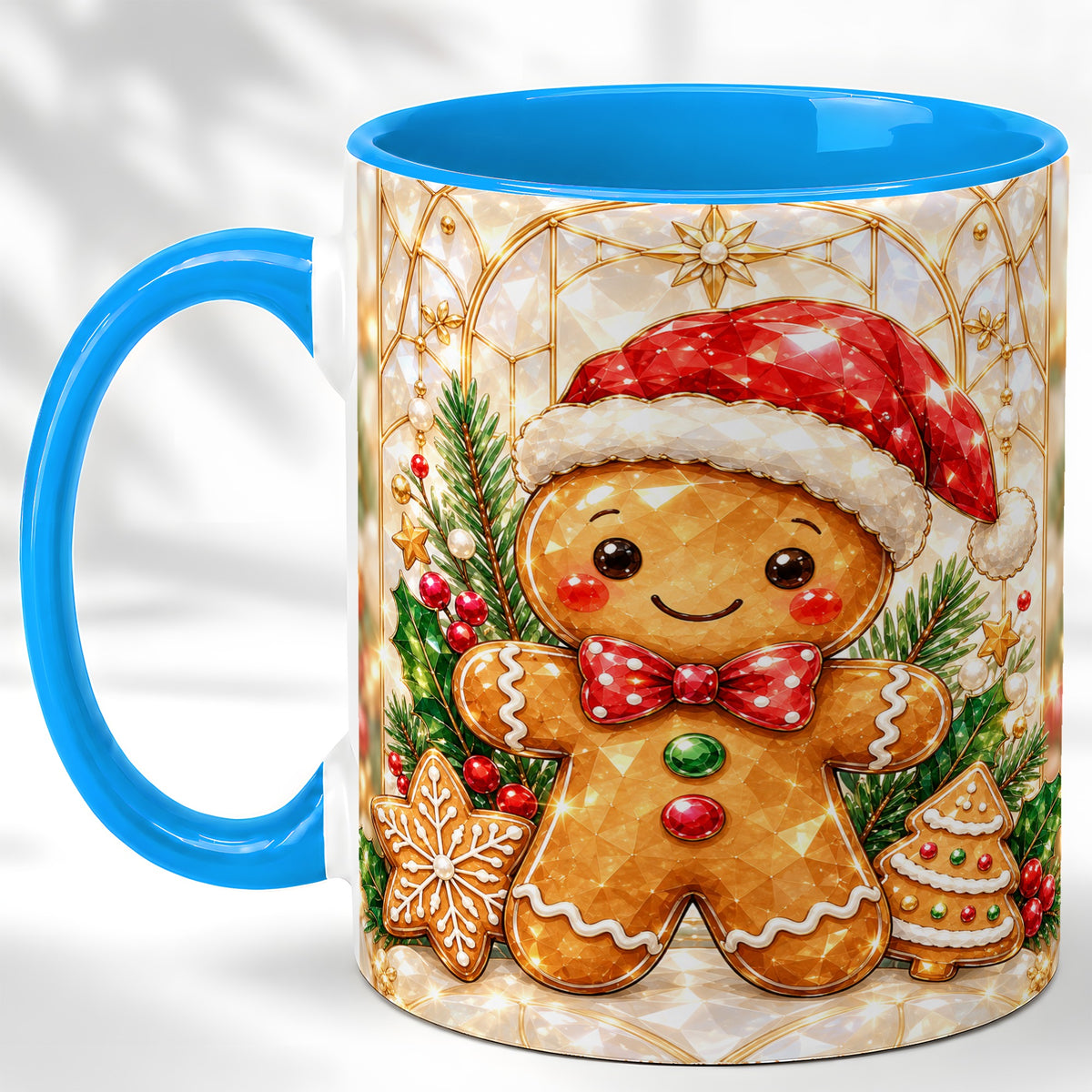 #pl[11oz|Blue] Gingerbread Santa Coffee Mug, Christmas Gingerbread Mug, Ceramic Cup