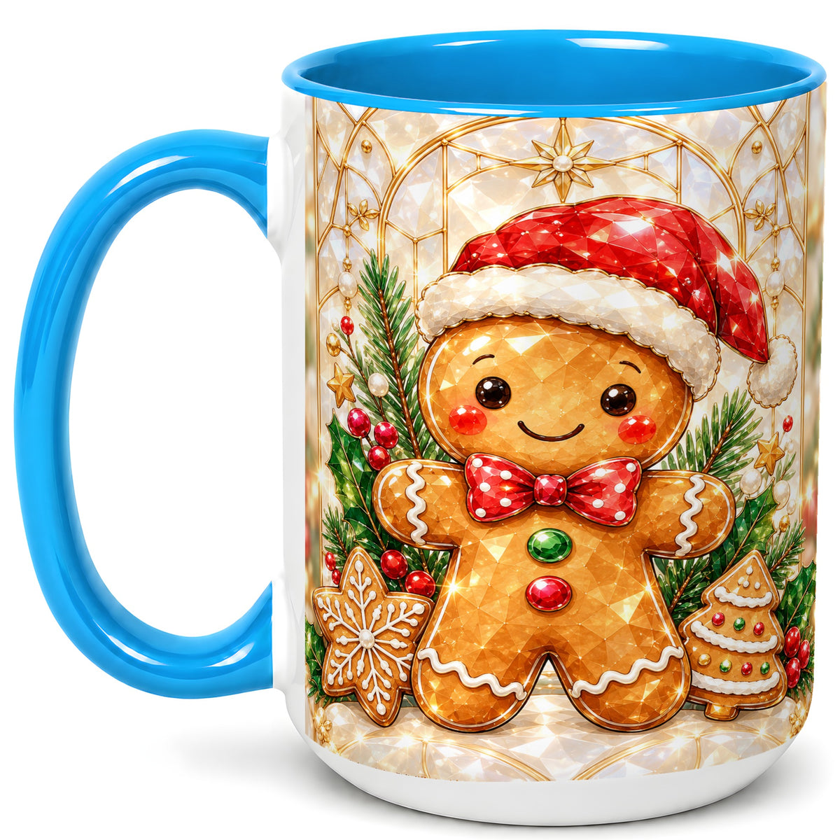 #pl[15oz|Blue] Gingerbread Santa Coffee Mug, Christmas Gingerbread Mug, Ceramic Cup