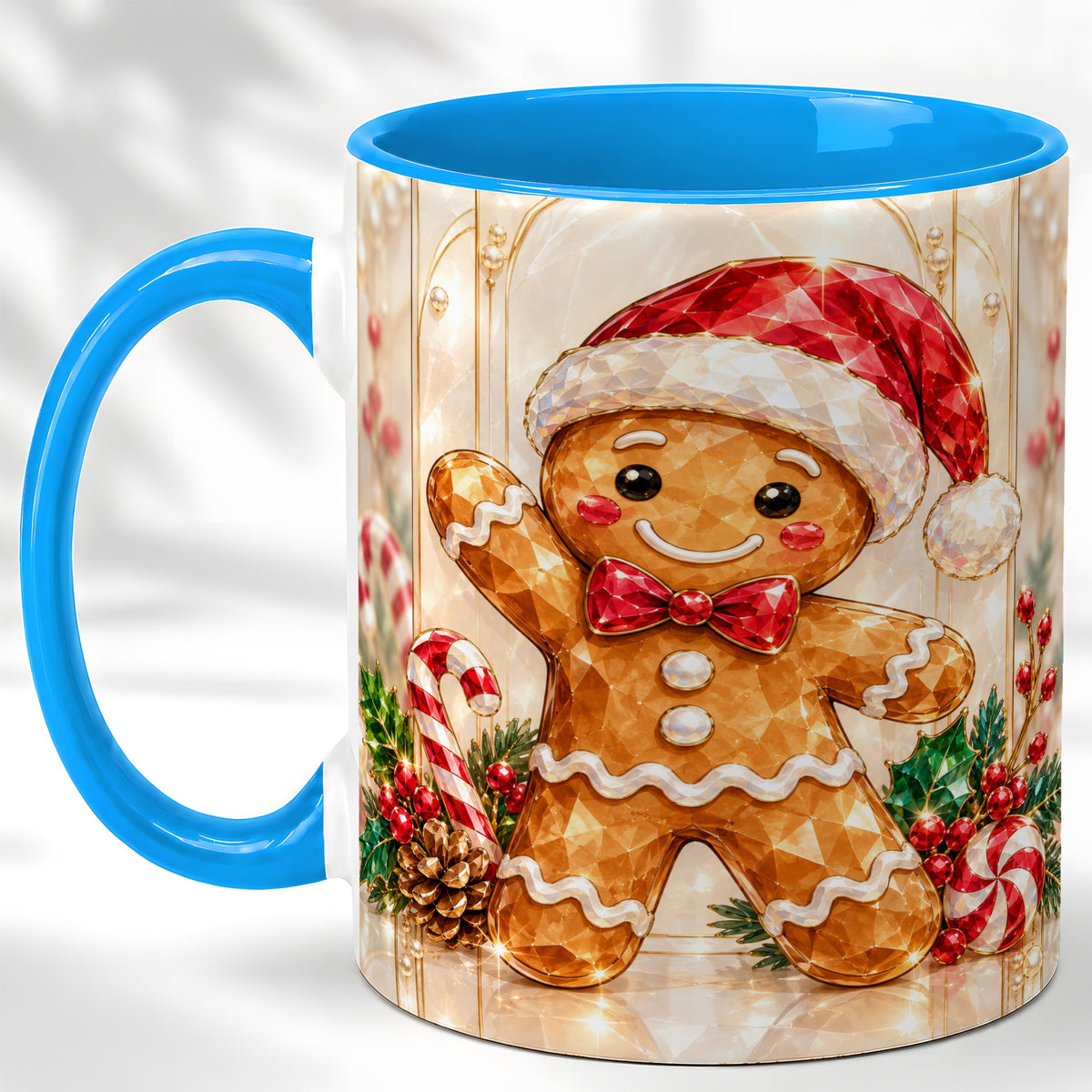 #pl[11oz|Blue] Gingerbread Santa Coffee Mug, Candy Cane Gingerbread Mug, Ceramic Cup
