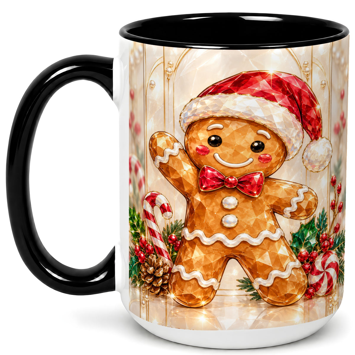 #pl[15oz|Black] Gingerbread Santa Coffee Mug, Candy Cane Gingerbread Mug, Ceramic Cup