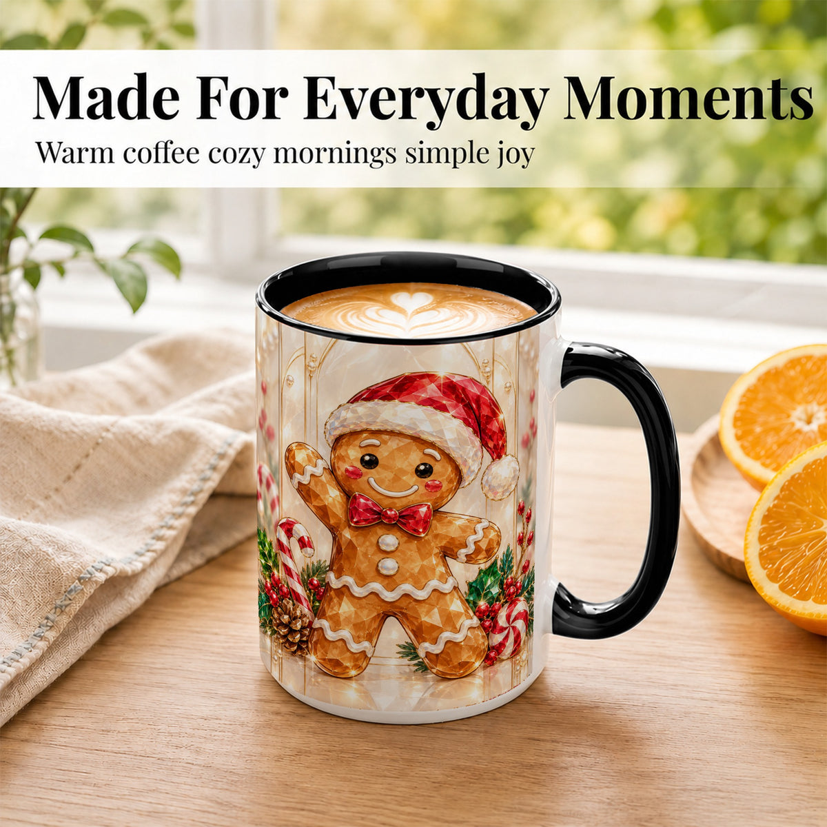 #pl[15oz|Black] Gingerbread Santa Coffee Mug, Candy Cane Gingerbread Mug, Ceramic Cup