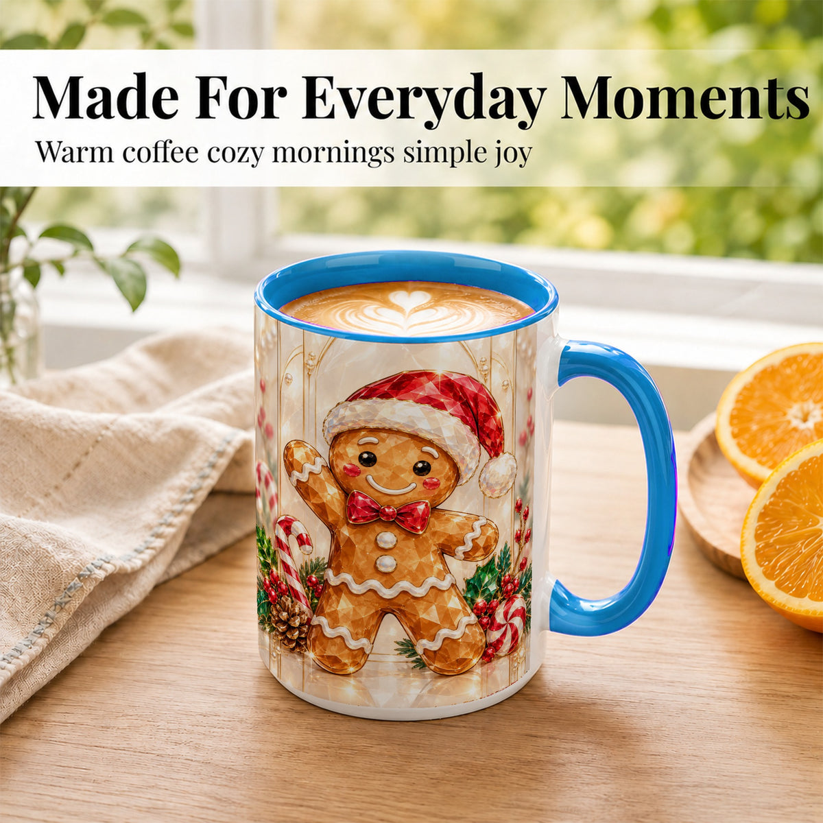 #pl[15oz|Blue] Gingerbread Santa Coffee Mug, Candy Cane Gingerbread Mug, Ceramic Cup