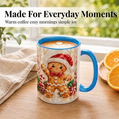 #pl[15oz|Blue] Gingerbread Santa Coffee Mug, Candy Cane Gingerbread Mug, Ceramic Cup