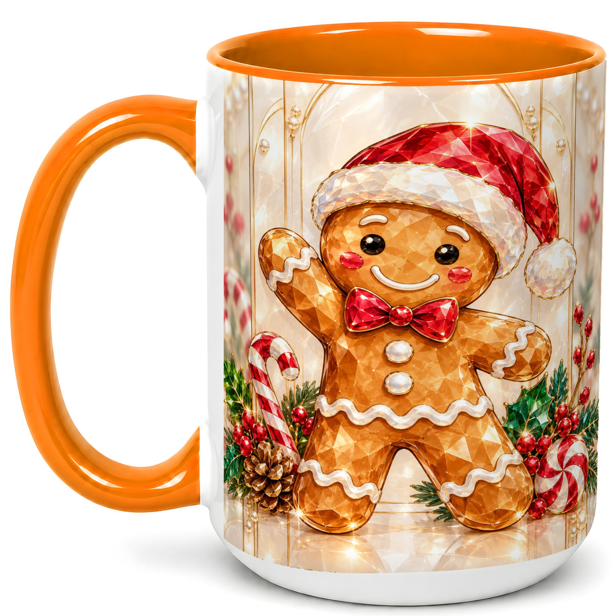 #pl[15oz|Orange] Gingerbread Santa Coffee Mug, Candy Cane Gingerbread Mug, Ceramic Cup