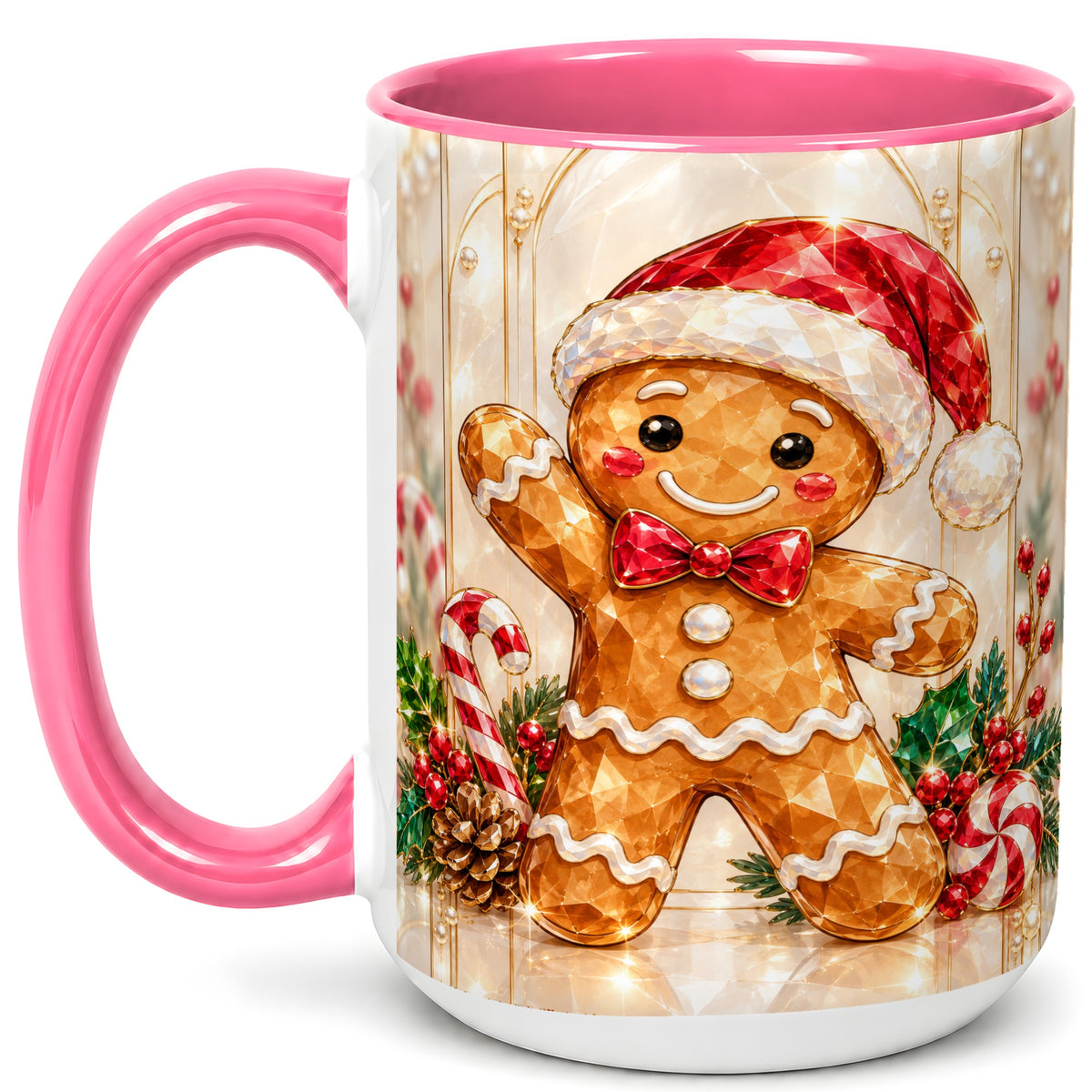 #pl[15oz|Pink] Gingerbread Santa Coffee Mug, Candy Cane Gingerbread Mug, Ceramic Cup